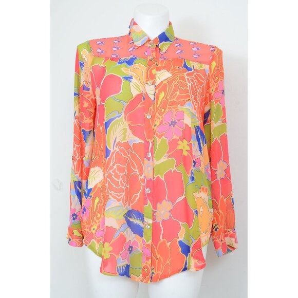 Fig & Flower Colorful Floral Feminine Button Long Sleeve Shirt Blouse Top XL - Picture 6 of 9